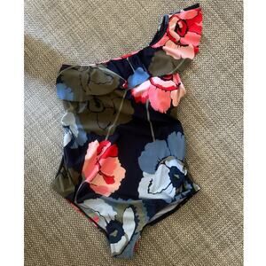 MOTHERHOOD MATERNITY One Shoulder Ruffle Floral One Piece Navy Red Swimsuit M